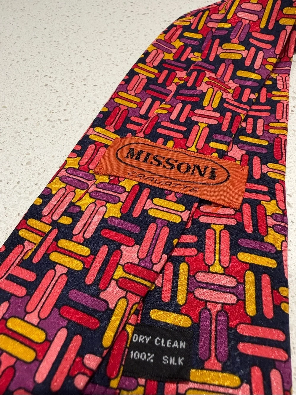 NWT - Missoni Men's Silk Tie in Pink, Red, Yellow & Purple Geometric Pattern